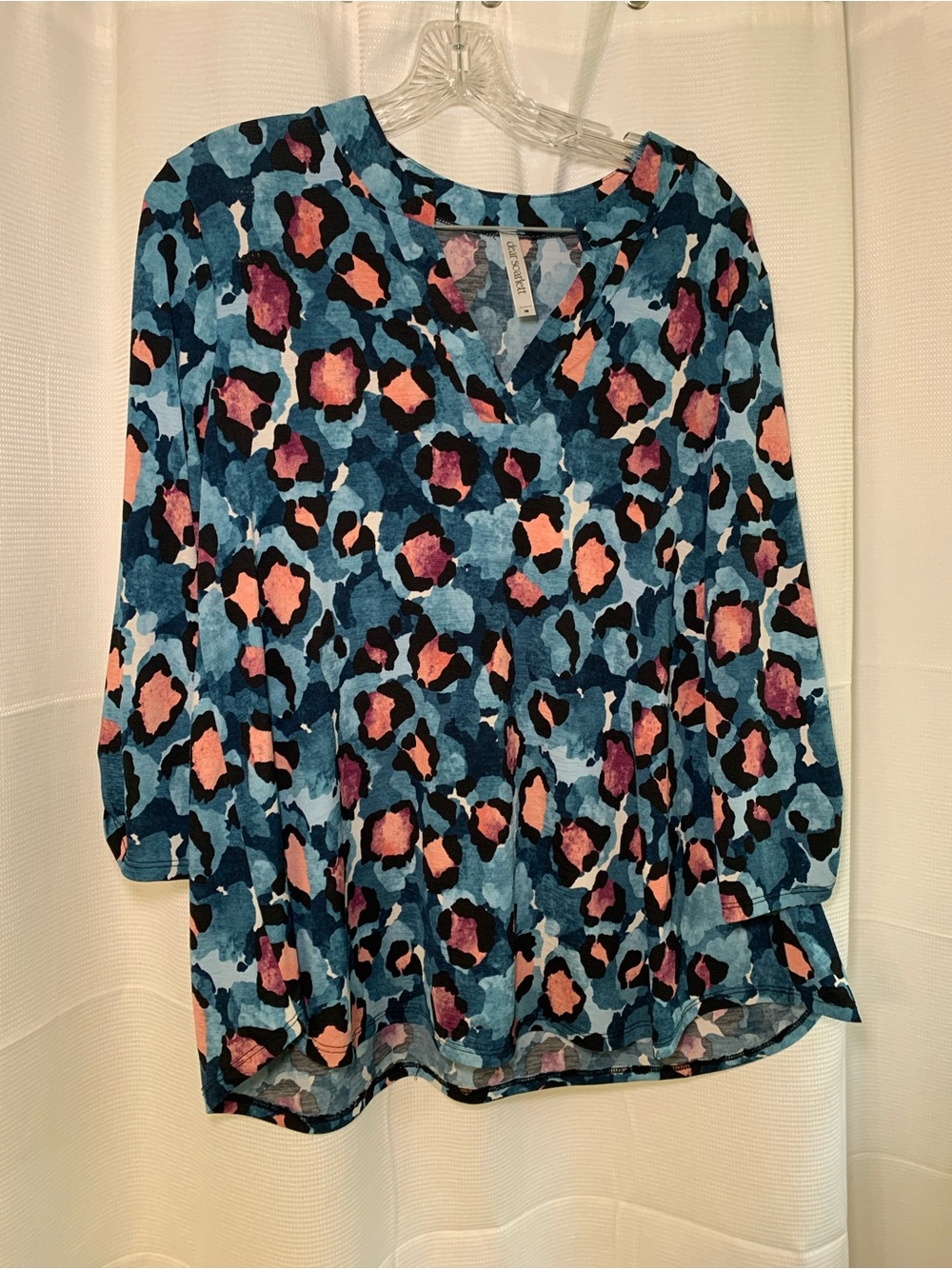 Leopard Print V-Neck Tunic in Blue & Coral